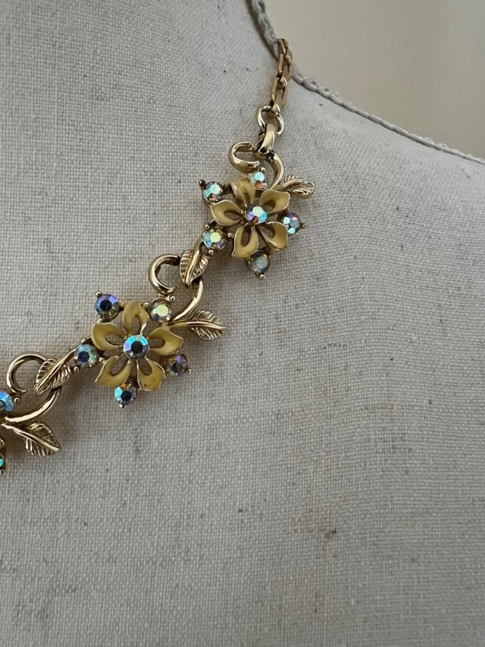 Rare Vintage Star Floral Link Choker, Yellow Enamel Flowers, AB Rhinestones, 17